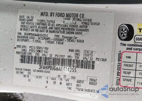 2010 Ford Fusion Sel из США, поврежденный, VIN 3FAHP0JG6AR414255